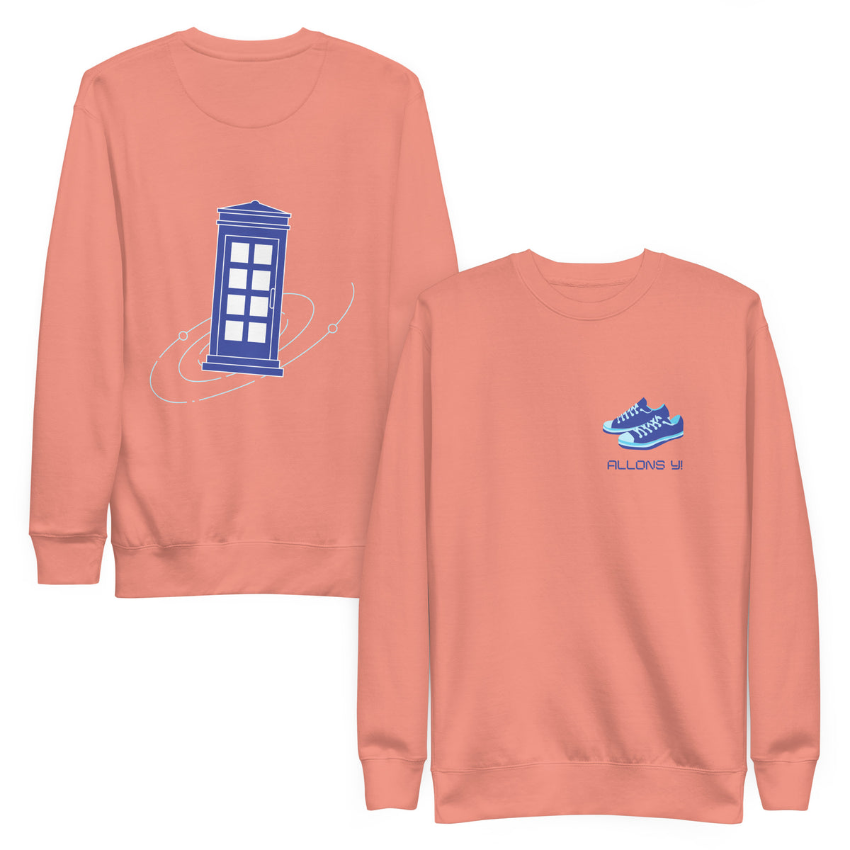 Dusty Rose sweatshirt, front and back views, with a blue police box on the back and blue trainers with 'Allons Y' text on the front.