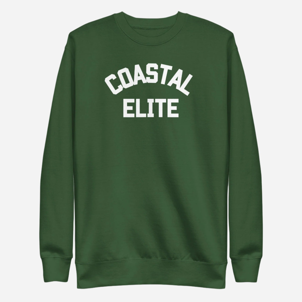 Forest Green sweatshirt with white arched Coastal Elite lettering, front view.