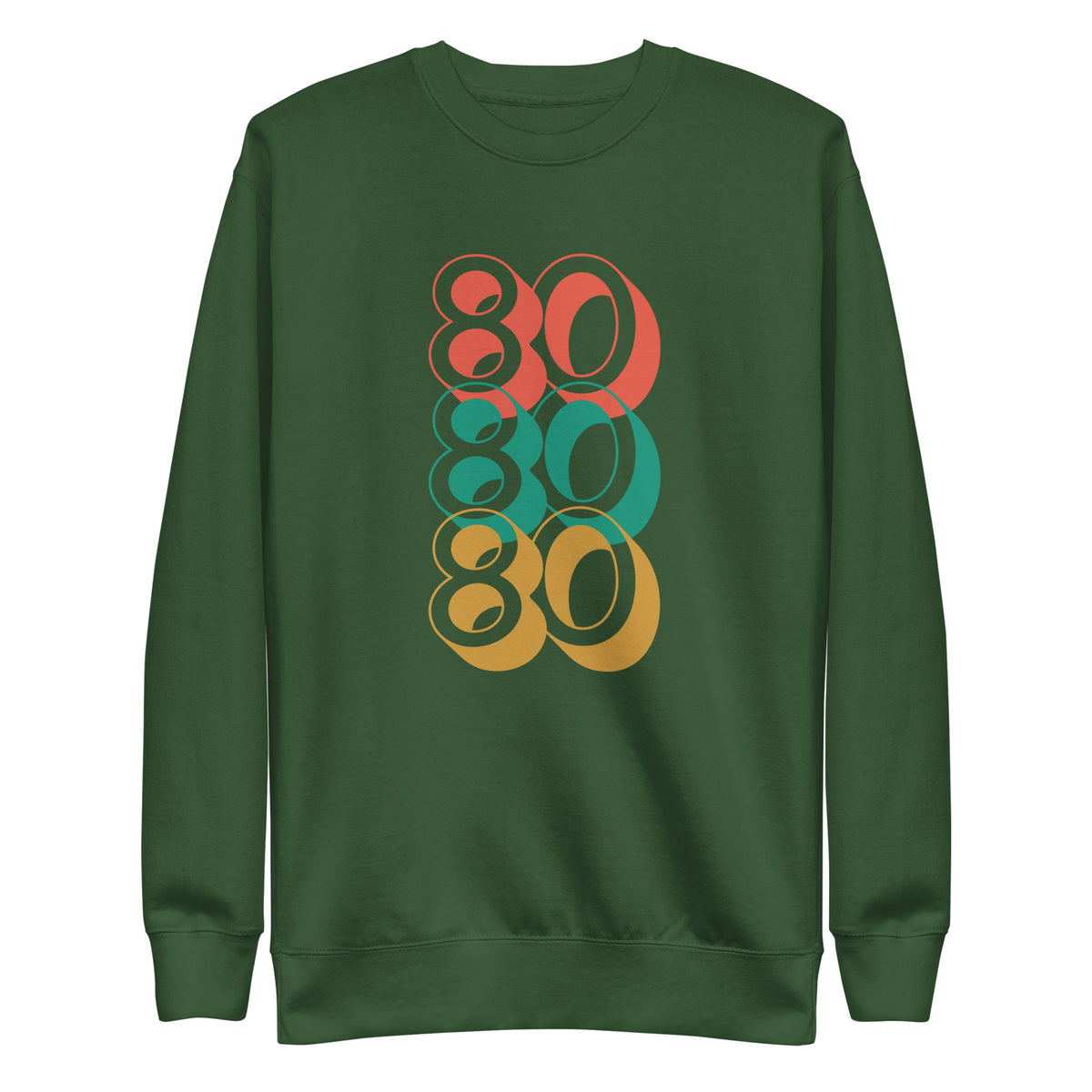 Forest Green sweatshirt, front view with stacked red, green and yellow "80" numerals.