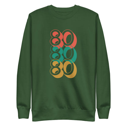 Forest Green sweatshirt, front view with stacked red, green and yellow "80" numerals.