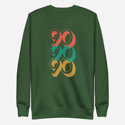 Forest Green sweatshirt, front view, with three stacked '90' graphics in red, green and yellow.