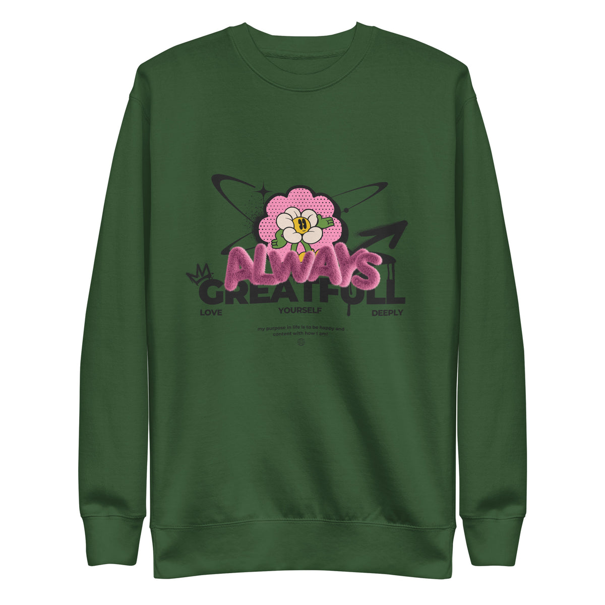 Forest Green sweatshirt with a pink flower and Always Grateful lettering, front view.