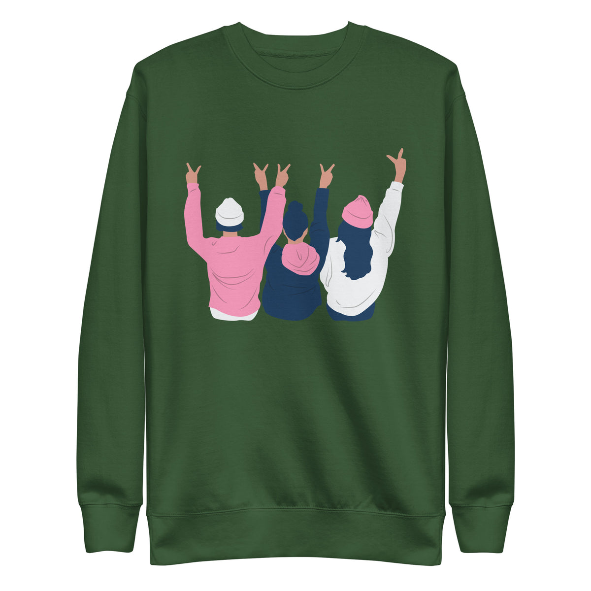 Forest Green sweatshirt with three illustrated people raising peace signs, front view.