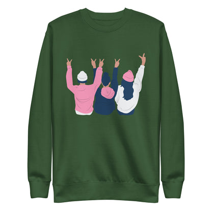 Forest Green sweatshirt with three illustrated people raising peace signs, front view.