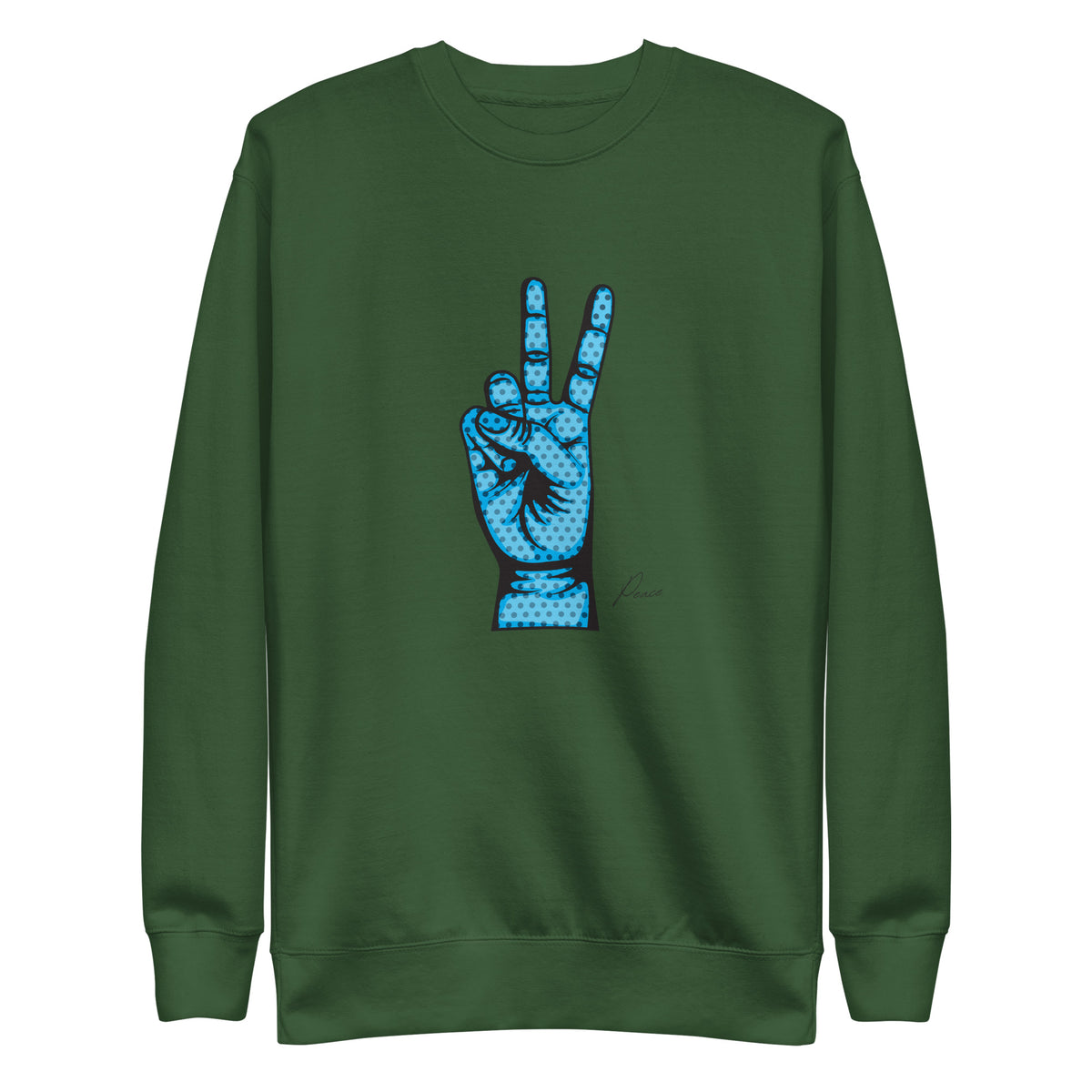 Forest Green sweatshirt with a blue hand making a peace sign, front view.