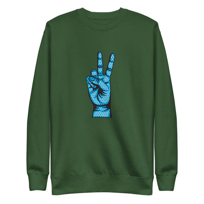 Forest Green sweatshirt with a blue hand making a peace sign, front view.