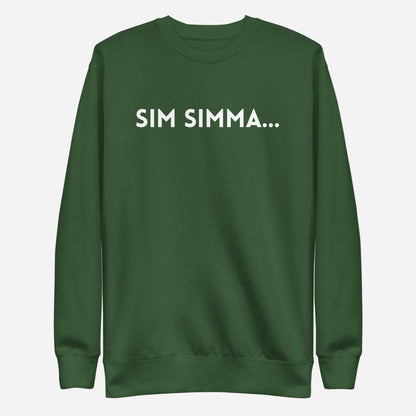 Forest Green sweatshirt with white Sim Simma lettering, front view.
