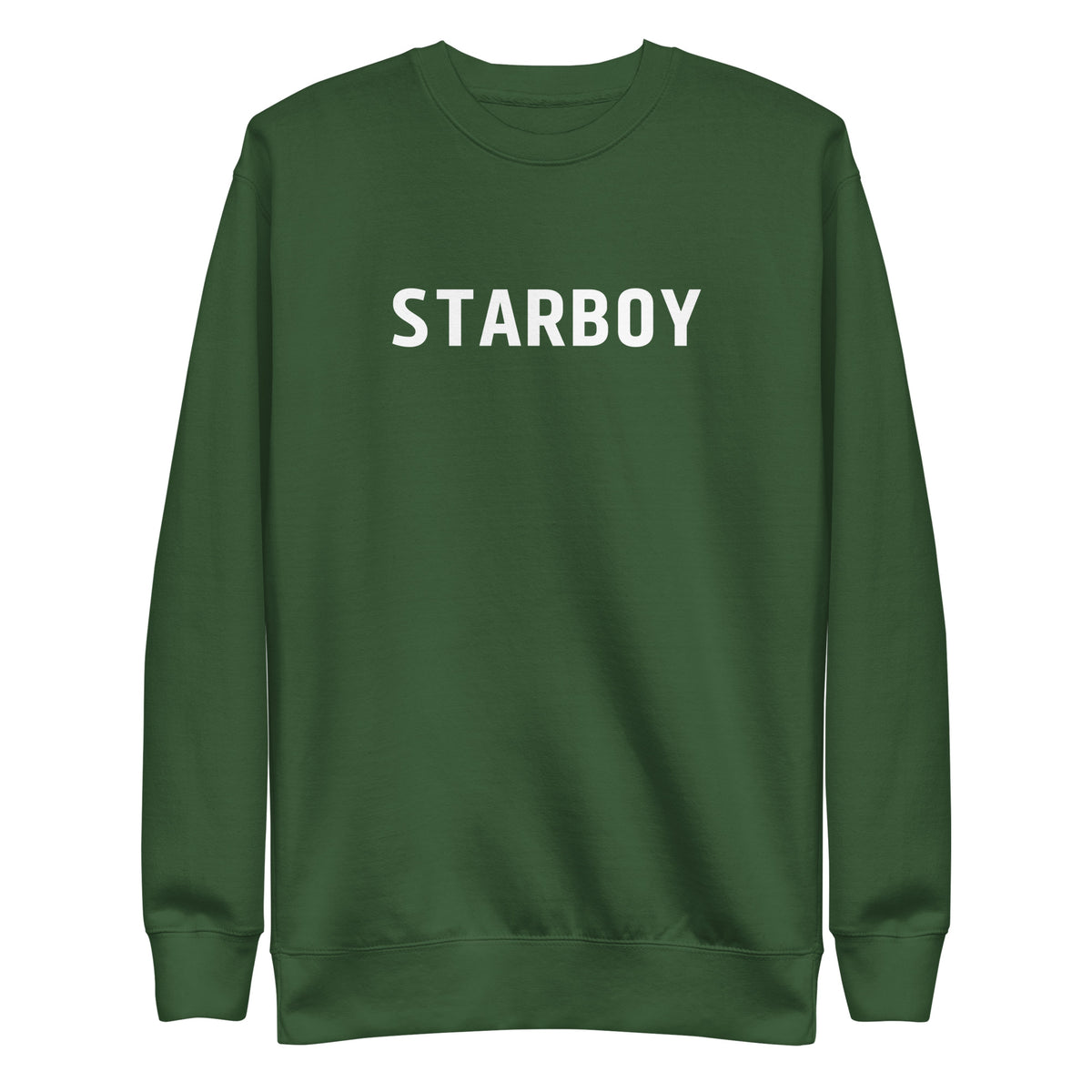 Forest Green sweatshirt with white Starboy lettering, front view.