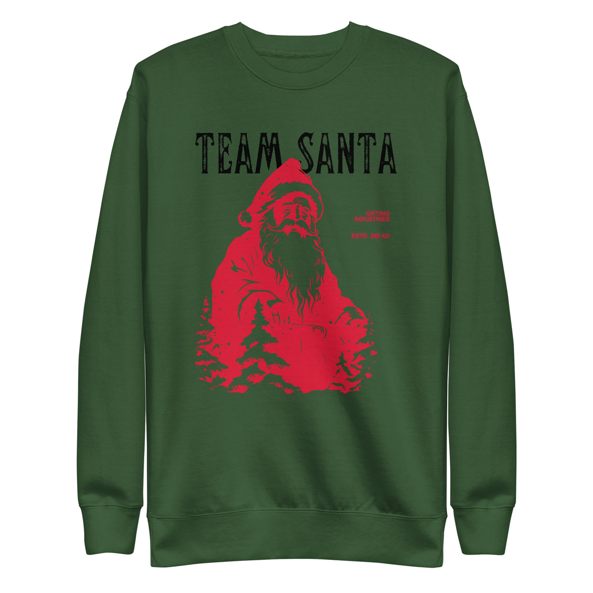 Forest Green sweatshirt with a red Santa illustration and black Team Santa text, front view.