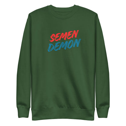 Forest Green sweatshirt, front view with red and blue Semen Demon lettering.