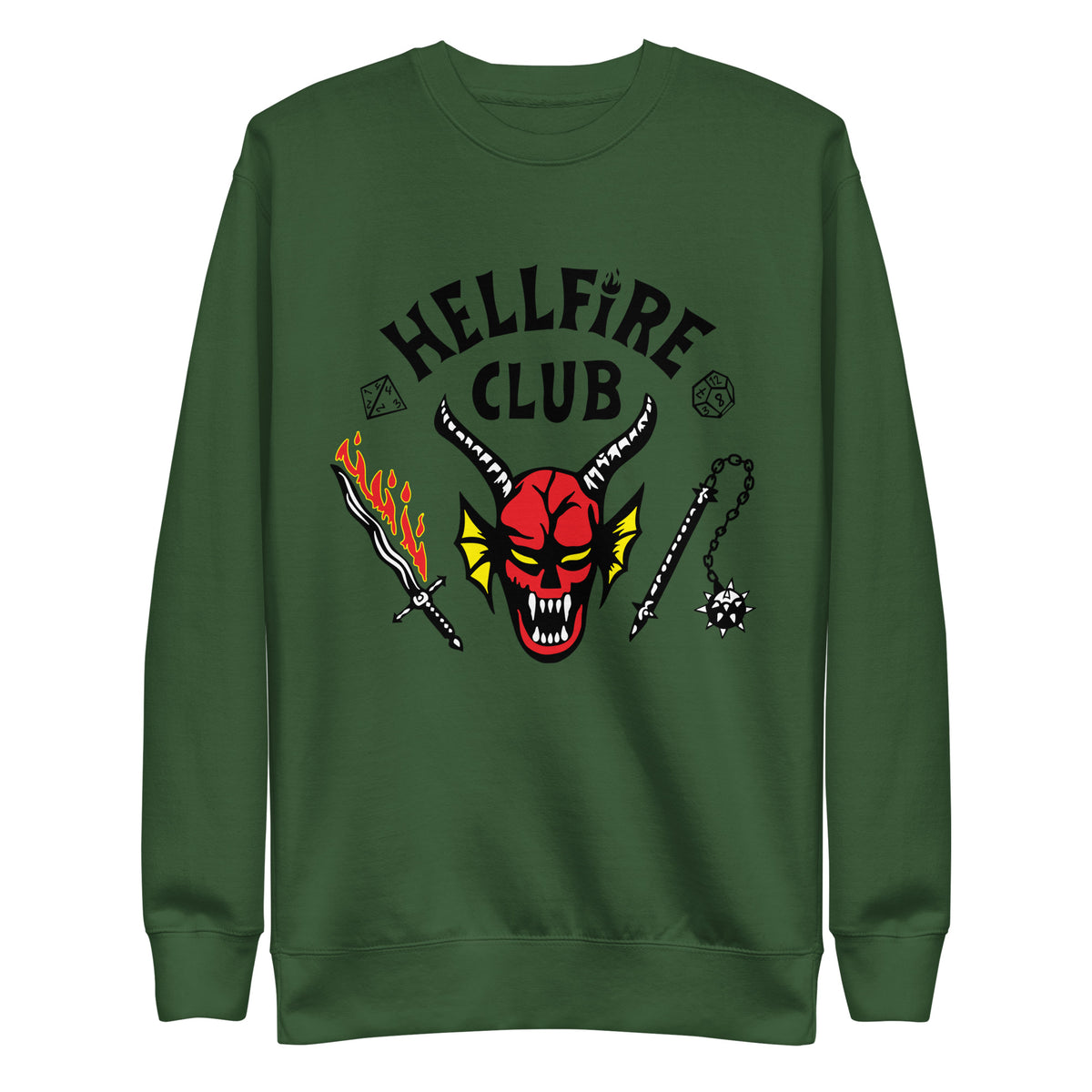 Forest Green sweatshirt with Hellfire Club lettering and a red horned-face graphic, front view.
