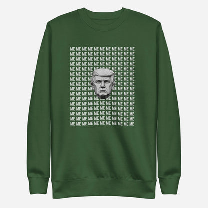 Forest Green sweatshirt, front view, with a monochrome portrait surrounded by repeated white 'ME' lettering.