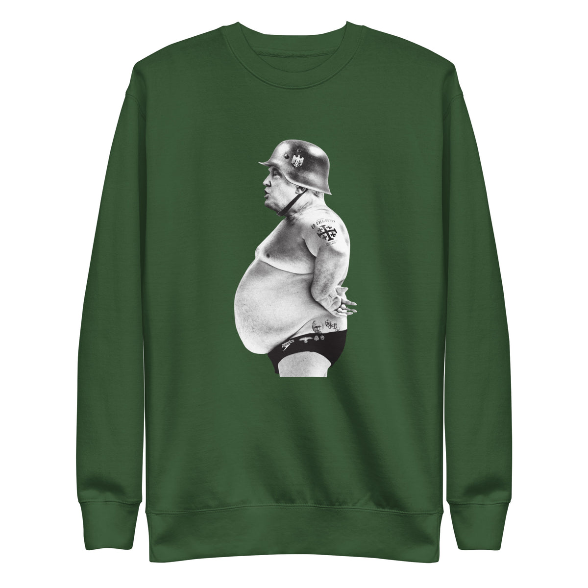 Full Metal Pedo sweatshirt in Forest Green, front view with a monochrome helmeted figure graphic.