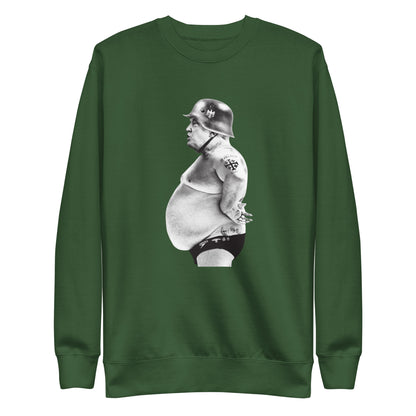 Full Metal Pedo sweatshirt in Forest Green, front view with a monochrome helmeted figure graphic.