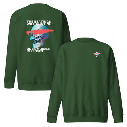 Forest Green sweatshirt, front and back views, with a large skull and slogan on the back, plus a small chest graphic.