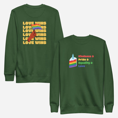 Forest Green sweatshirt, front and back views, with a rainbow-striped graphic on the front and 'Love Wins' lettering on the back.