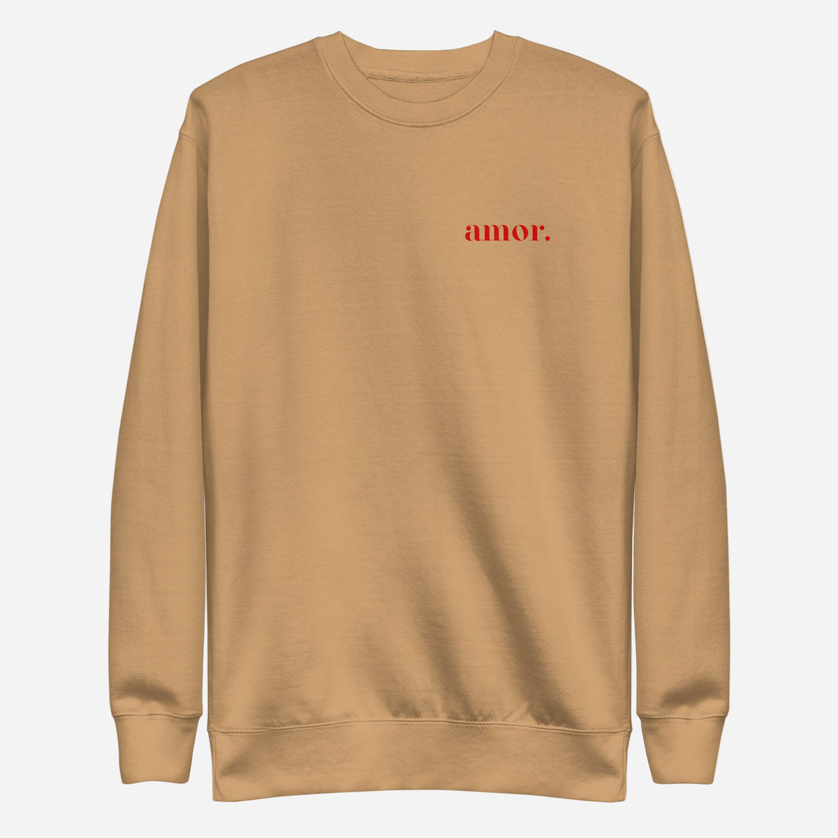 Khaki sweatshirt, front view with small red "amor." chest lettering.