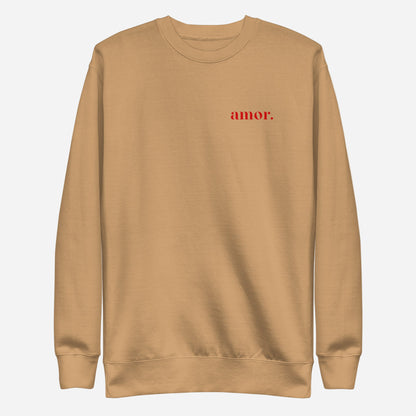 Khaki sweatshirt, front view with small red "amor." chest lettering.