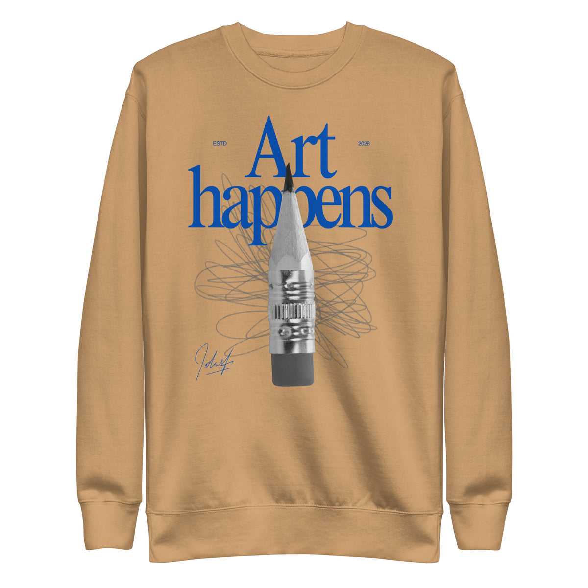 Khaki sweatshirt, front view, with blue 'Art Happens' lettering, a pencil and scribbled lines.