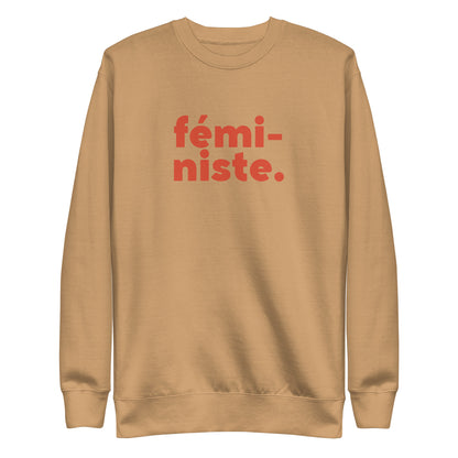 Khaki sweatshirt with red fémi-niste lettering, front view.