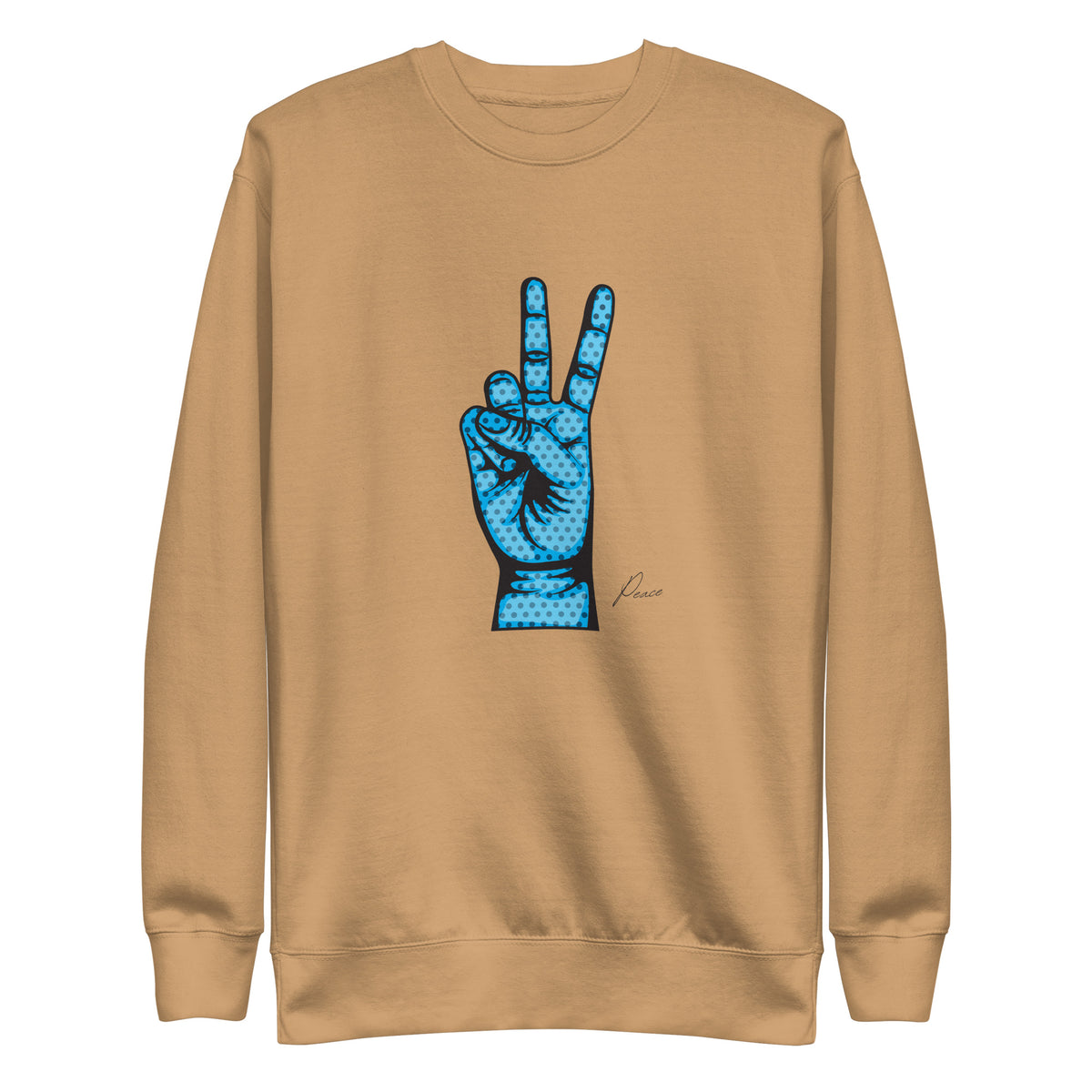 Khaki sweatshirt with a blue hand making a peace sign, front view.