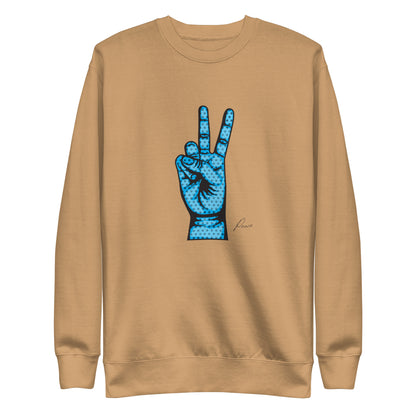 Khaki sweatshirt with a blue hand making a peace sign, front view.