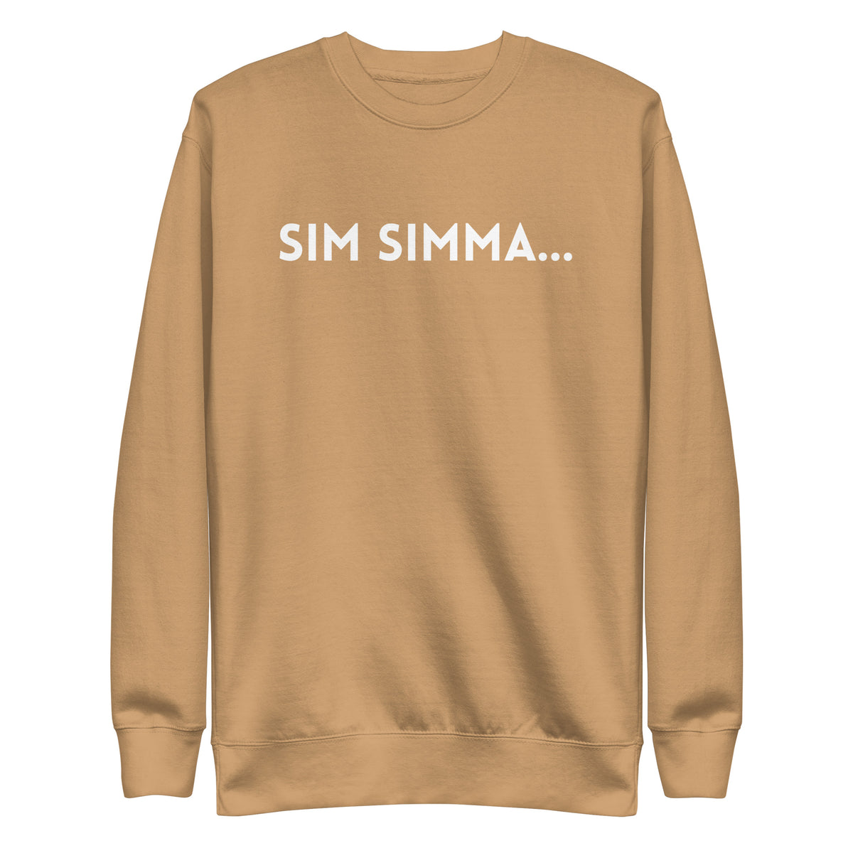 Khaki sweatshirt with white Sim Simma lettering, front view.