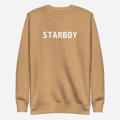 Khaki sweatshirt with white Starboy lettering, front view.