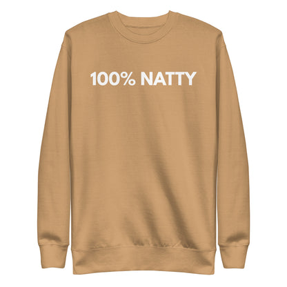 Khaki sweatshirt, front view with white "100% NATTY" lettering.
