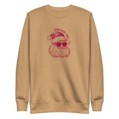 Khaki sweatshirt, front view, with a burgundy Santa face wearing sunglasses beneath 'Christmas Chill' text.