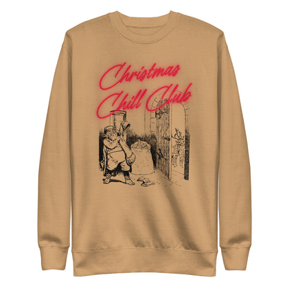 Khaki sweatshirt with red Christmas Chill Club script and Santa illustration, front view.