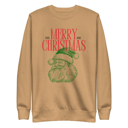 Khaki sweatshirt, front view, with a green Santa portrait below red 'Merry Christmas' lettering and the year 2025.