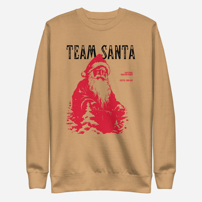Khaki sweatshirt with a red Santa illustration and black Team Santa text, front view.
