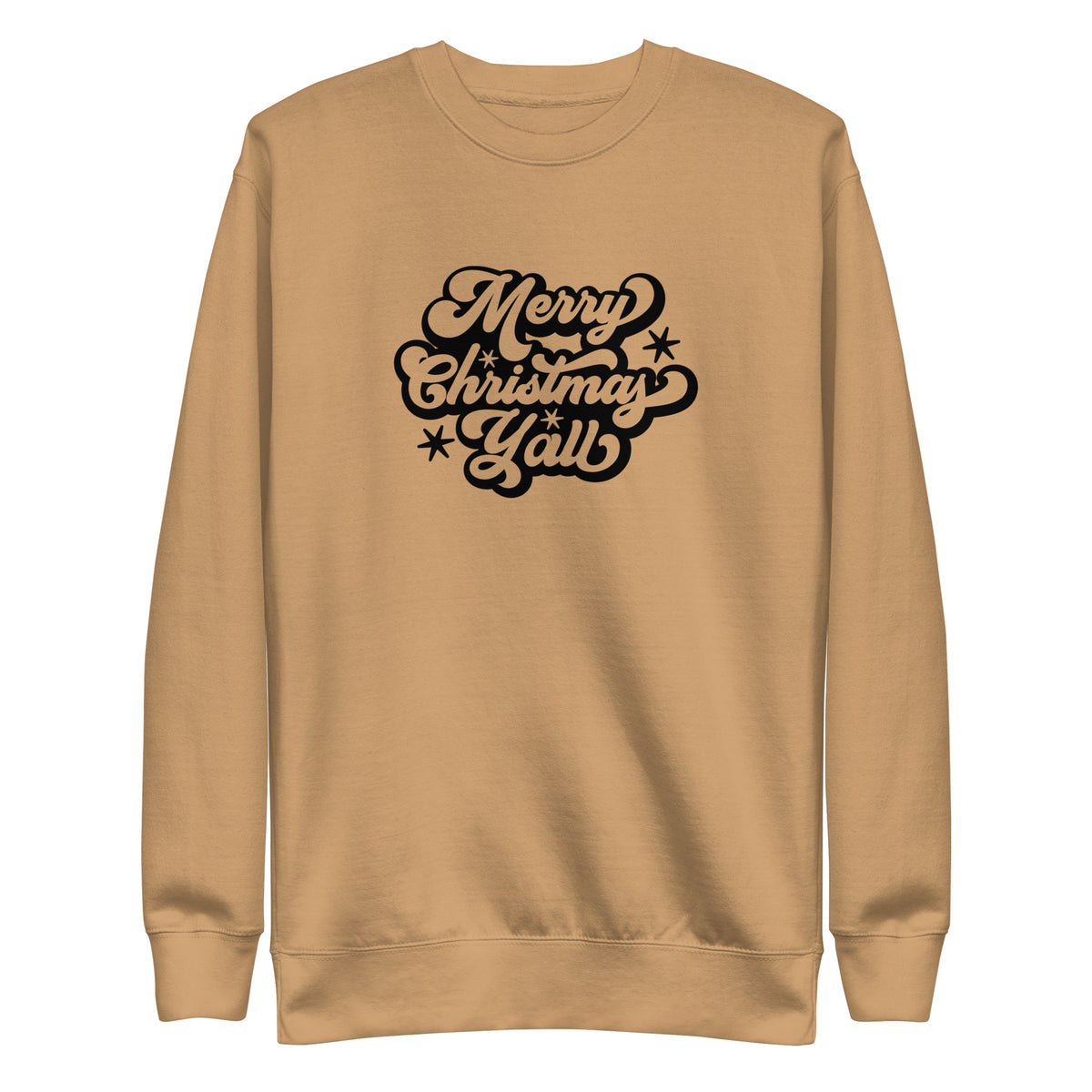 Khaki sweatshirt, front view with black Merry Christmas Y'all script lettering.