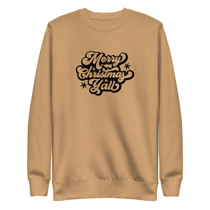Khaki sweatshirt, front view with black Merry Christmas Y'all script lettering.