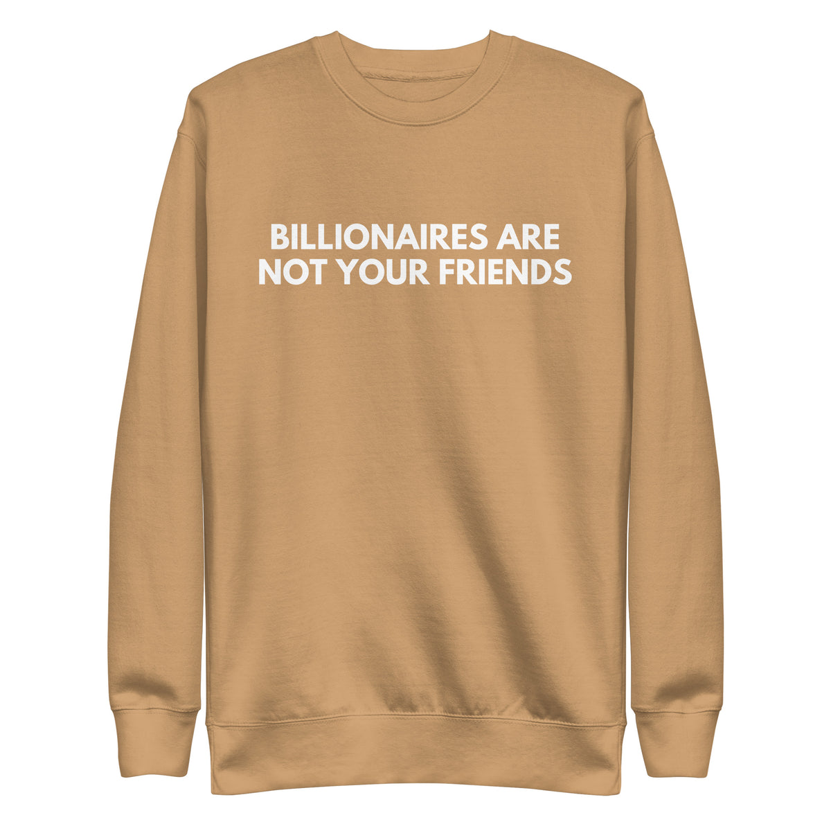 Khaki sweatshirt with white Billionaires Are Not Your Friends lettering, front view.