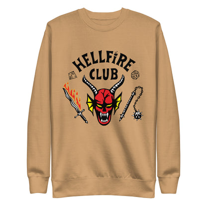 Khaki sweatshirt with Hellfire Club lettering and a red horned-face graphic, front view.