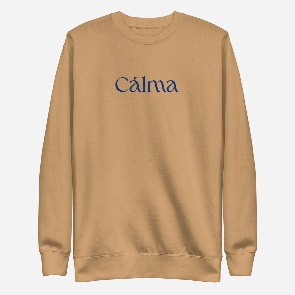 Khaki sweatshirt, front view with blue Calma lettering.