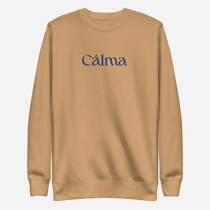 Khaki sweatshirt, front view with blue Calma lettering.