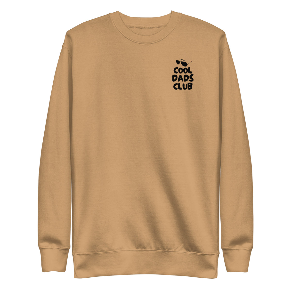 Khaki sweatshirt, front view with small black Cool Dads Club chest lettering.