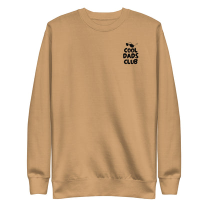 Khaki sweatshirt, front view with small black Cool Dads Club chest lettering.
