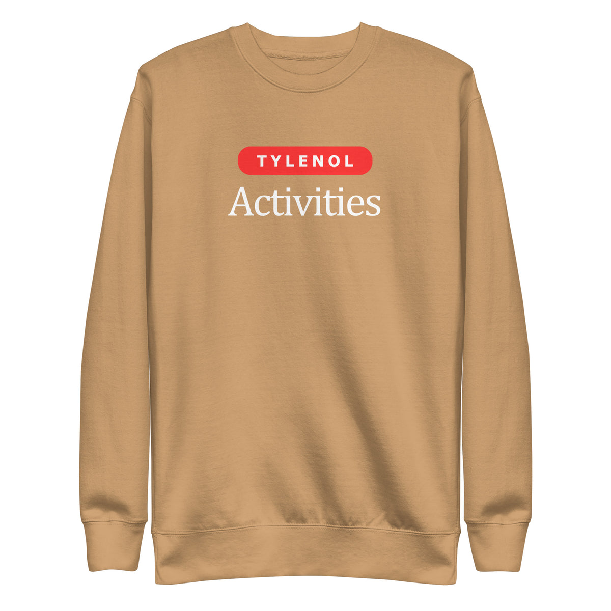 Khaki sweatshirt, front view with white Tylenol Activities lettering and a red capsule shape.