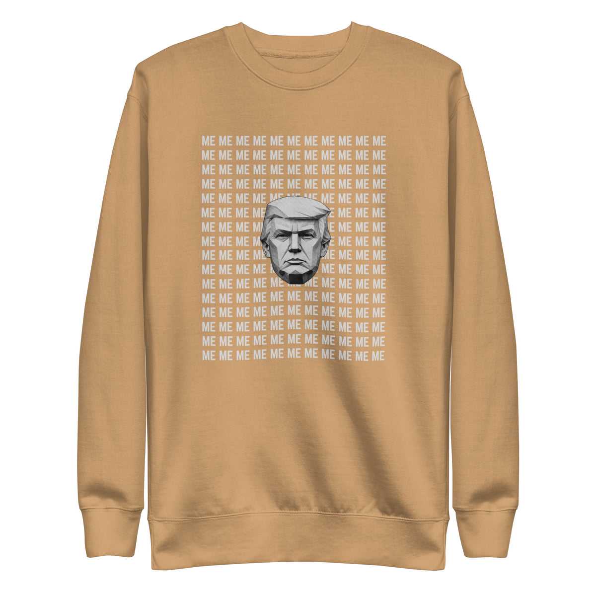 Khaki sweatshirt, front view, with a monochrome portrait surrounded by repeated white 'ME' lettering.