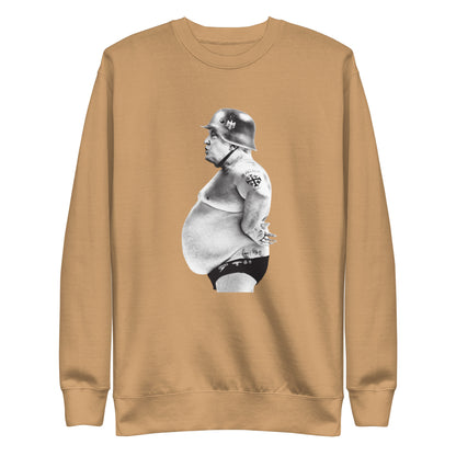 Full Metal Pedo sweatshirt in Khaki, front view with a monochrome helmeted figure graphic.