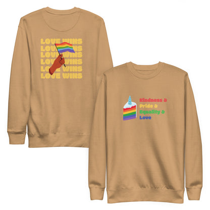 Khaki sweatshirt, front and back views, with a rainbow-striped graphic on the front and 'Love Wins' lettering on the back.