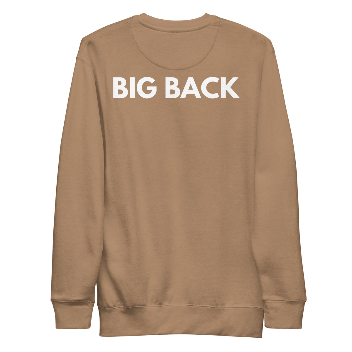 Beige sweatshirt, back view with white "BIG BACK" lettering on the back.