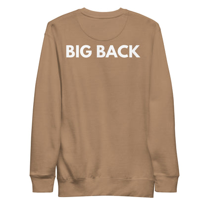 Beige sweatshirt, back view with white "BIG BACK" lettering on the back.