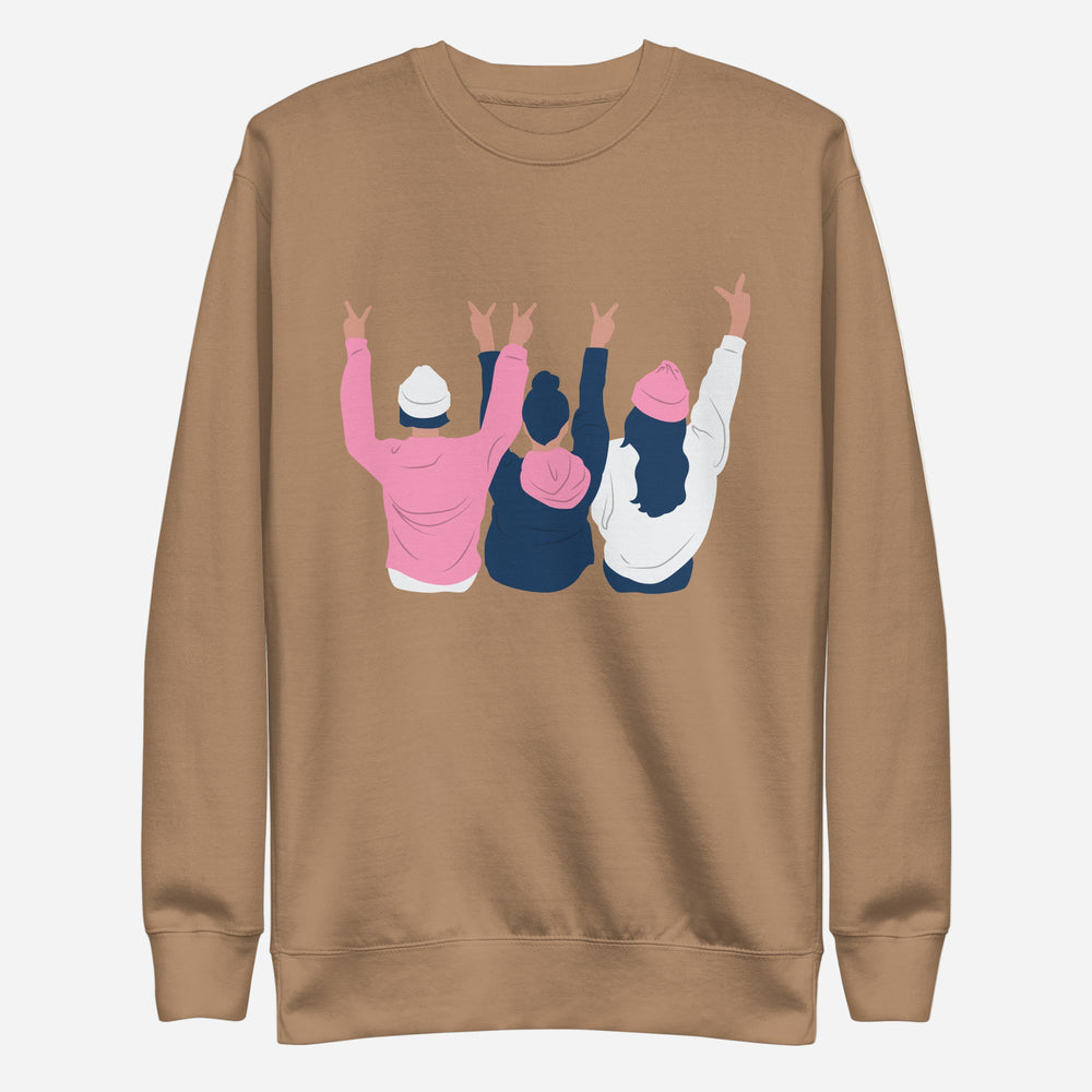 Latte sweatshirt with three illustrated people raising peace signs, front view.