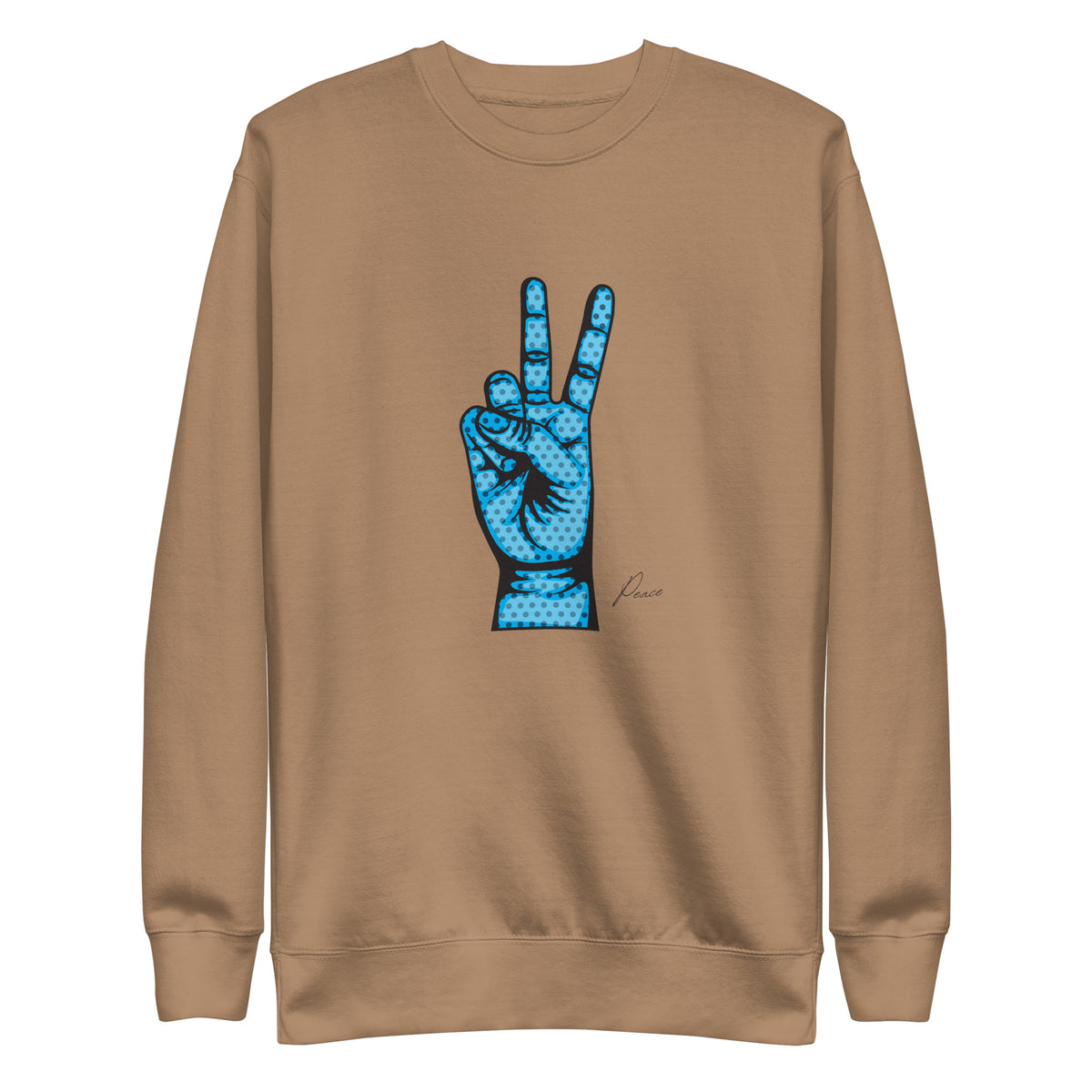 Latte sweatshirt with a blue hand making a peace sign, front view.