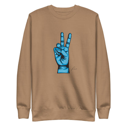 Latte sweatshirt with a blue hand making a peace sign, front view.